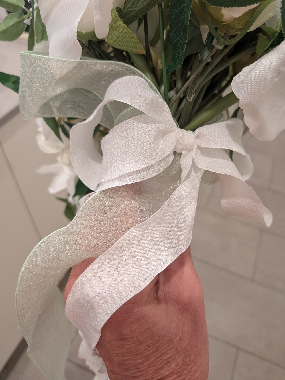 Bridal White Cascading Faux Bouquet with Greenery - Picture 12 of 13